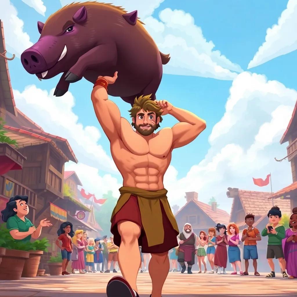 A muscular young man, Hercules, proudly carrying a massive wild boar over his shoulders, walking through a cheerful village, townspeople cheering him on, vibrant colors, digital illustration, heroism
