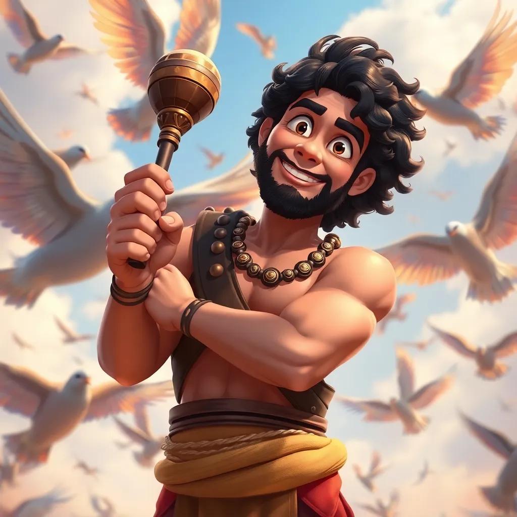 Hercules, with curly dark hair, standing confidently holding a rattle in front of flying birds, colorful feathers in the sky, a sense of victory and triumph, detailed and bright, digital painting