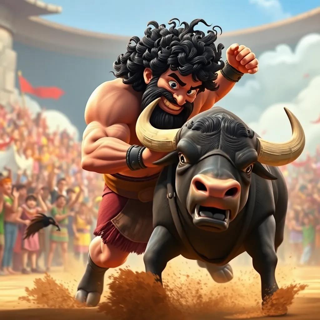 Hercules, with curly dark hair, wrestling a large Cretan Bull, a crowd cheering in the background, intense energy, digital artwork, dynamic motion, colorful and bold