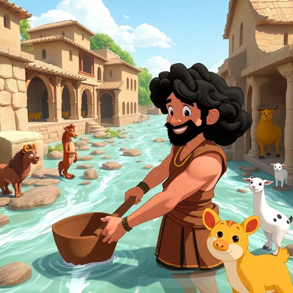 Hercules, with curly dark hair, cleaning the Augean Stables with flowing rivers, animals watching curiously, bright and sunny, happy atmosphere, detailed and cheerful scene