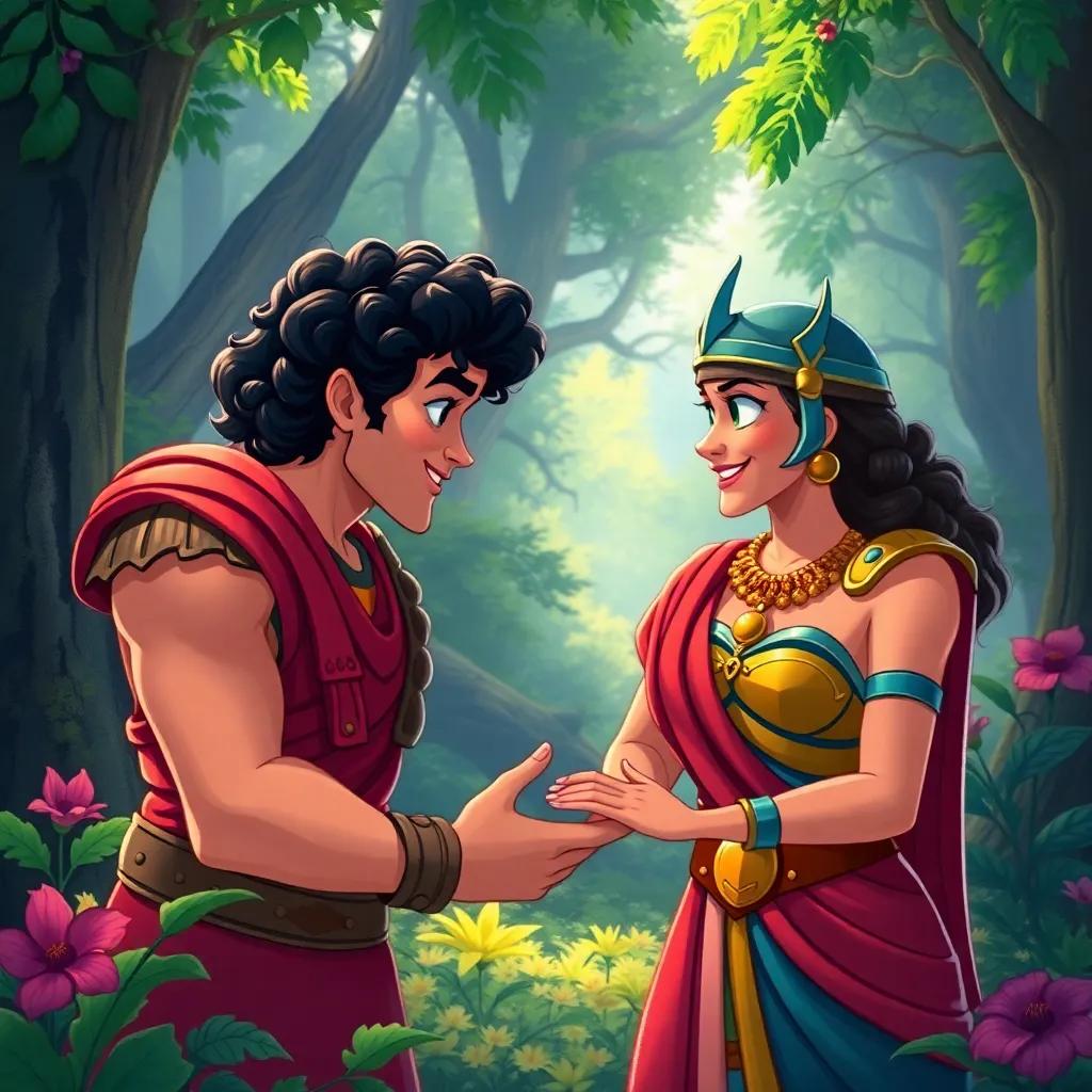 Hercules, with curly dark hair, negotiating with Hippolyta, the queen wearing a warrior outfit, vibrant colors, a lush forest backdrop, friendly and peaceful interaction, digital painting