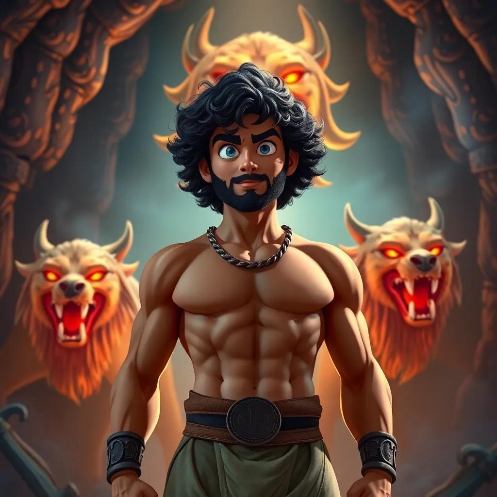 Hercules, with curly dark hair, standing in front of the three-headed Cerberus in the underworld, showing courage and poise, dramatic lighting, epic fantasy scene, high quality, colorful