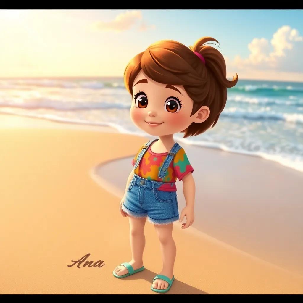 A young girl, Ana, with short brown hair, wearing a colorful shirt and denim shorts, standing on a sandy beach with waves crashing and a bright sky, illustration, cheerful, child-friendly, vibrant colors, high quality