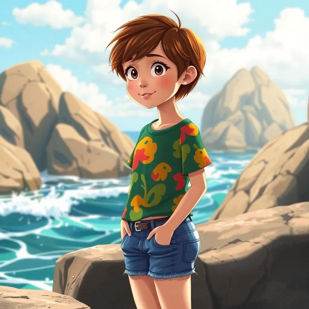Ana, a young girl with short brown hair wearing a colorful shirt and denim shorts, looking at large rocks by the port, with a dreamy expression and waves splashing, illustration, engaging, adventure-themed, high quality