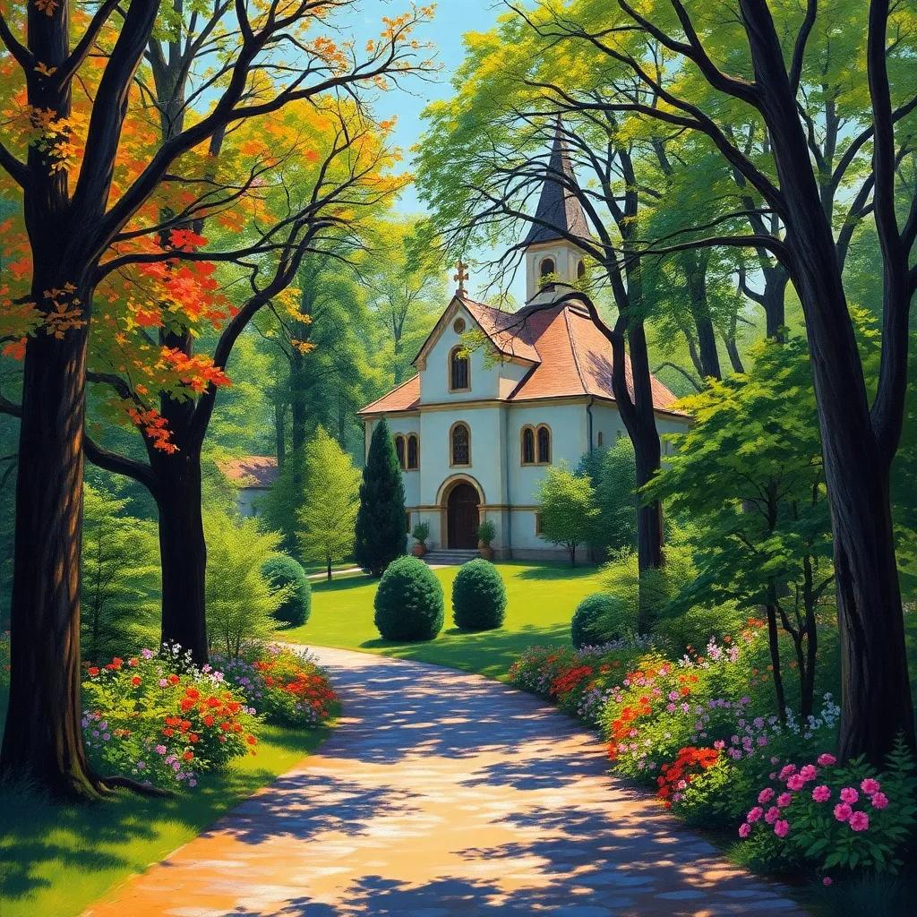 A peaceful forest with a beautiful old monastery in the middle, the trees whispering and colorful flowers blooming around, sunny day, cheerful atmosphere, vibrant colors, inviting scene, high quality