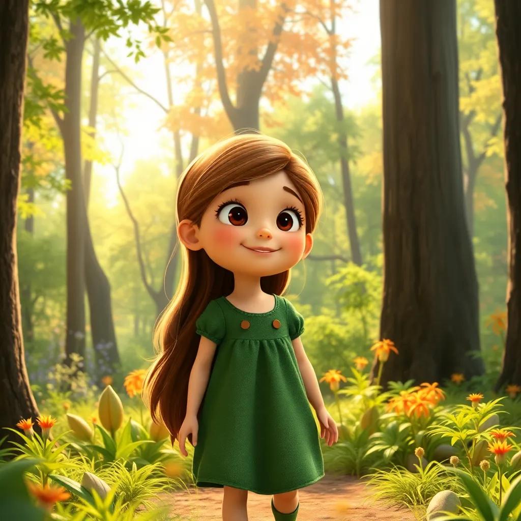 A curious girl, Hilda, with long brown hair wearing a green dress, exploring a forest bathed in sunlight, vibrant trees around her, joyful atmosphere