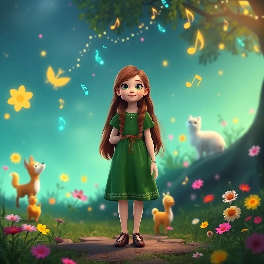 Hilda, a curious girl, with long brown hair in a green dress, standing in a magical clearing, surrounded by dancing animals, colorful flowers and musical notes in the air, whimsical scene