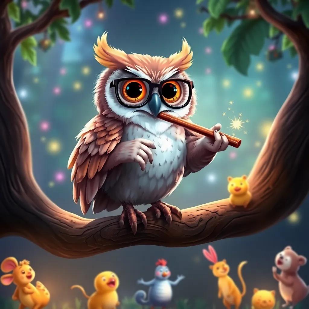 A wise old owl with glasses, playing a sparkly flute, standing on a tree branch, joyful animals dancing below, filled with vibrant colors and light, enchanting imagery