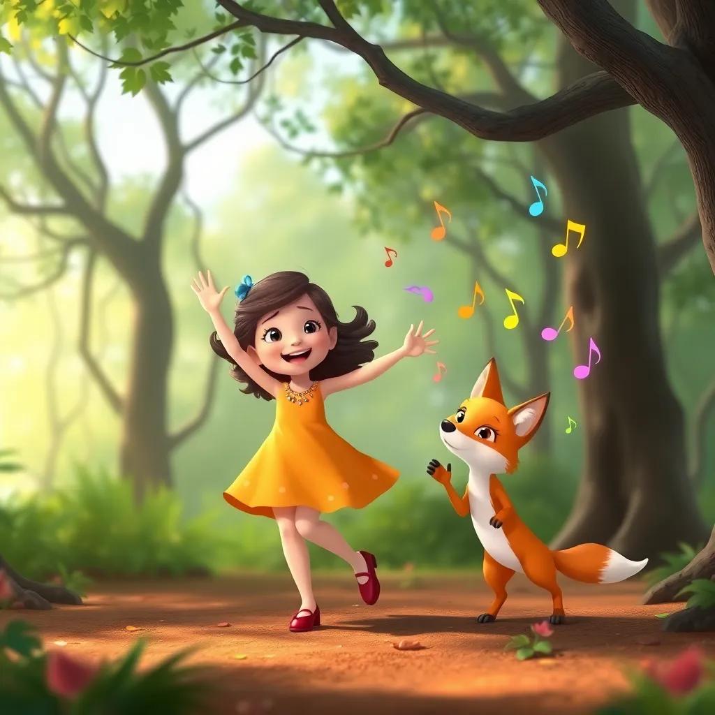 Hilda, a joyful girl, dancing with a little fox in the forest, with trees swaying and colorful music notes floating around, cheerful and lively