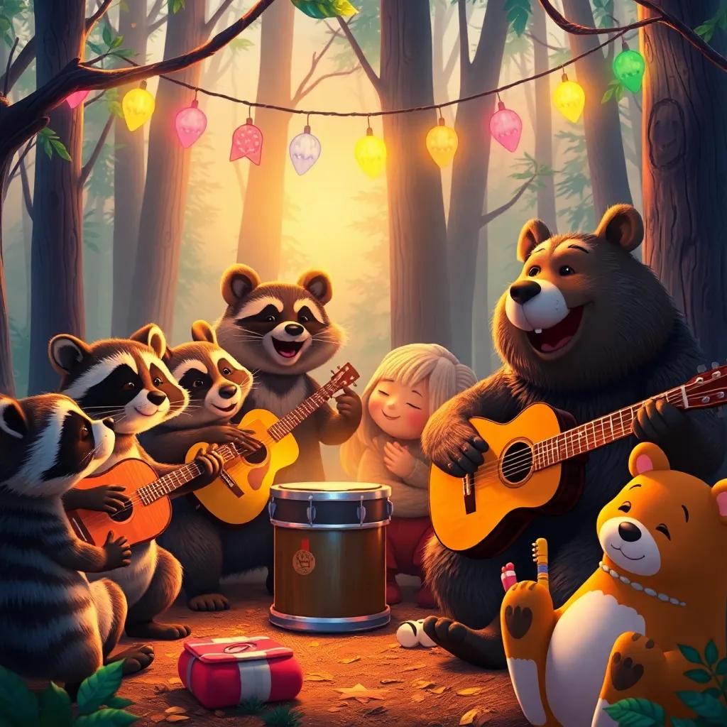 A celebration in the woods filled with animals, raccoons playing drums and bears strumming guitars, Hilda clapping and laughing, a colorful mix of musical instruments and warm light