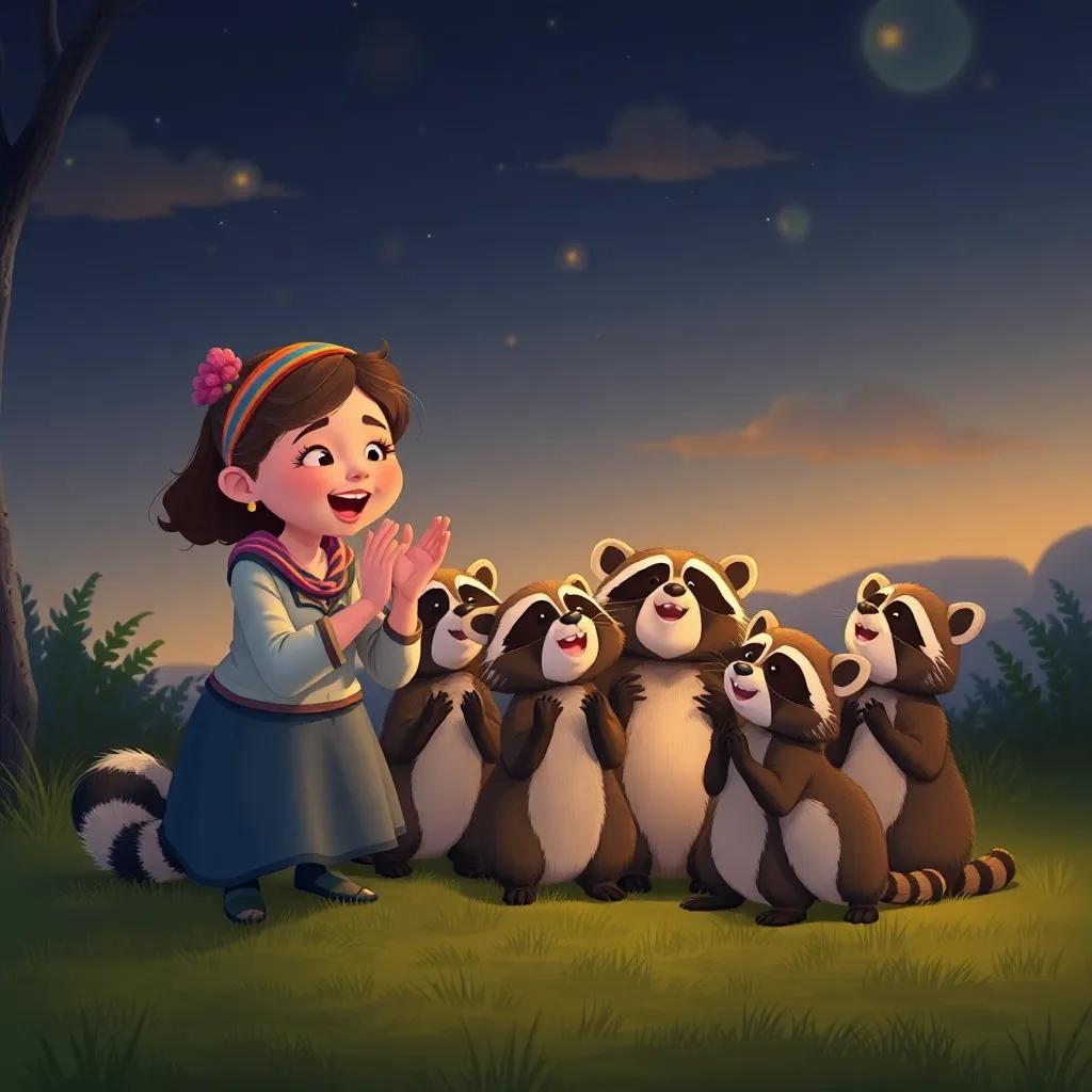 Hilda clapping along as a family of raccoons sings together, night slowly falling with golden hues in the sky, magical and heartwarming scene
