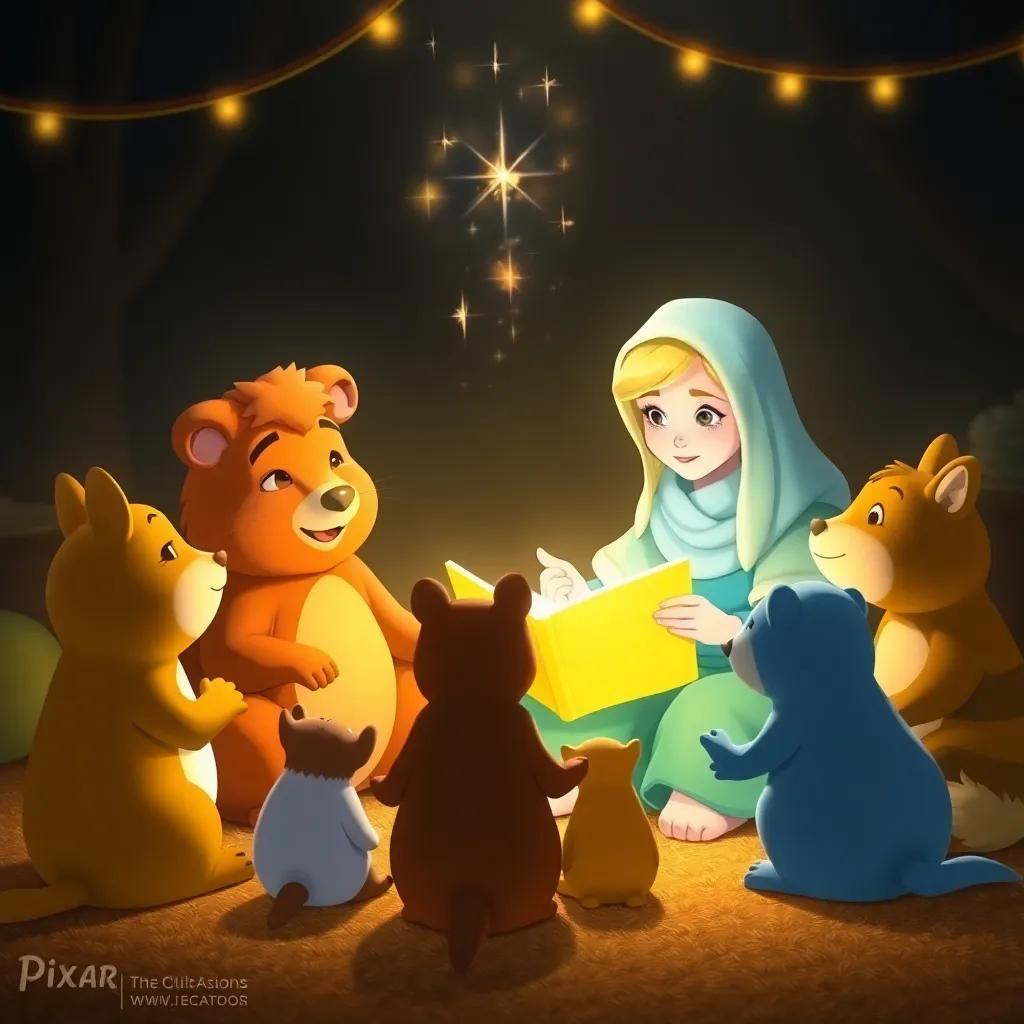 A gathering of animals with Hilda sharing stories, sitting in a circle, warm light around them and magical sparkles in the air, cozy and inviting atmosphere