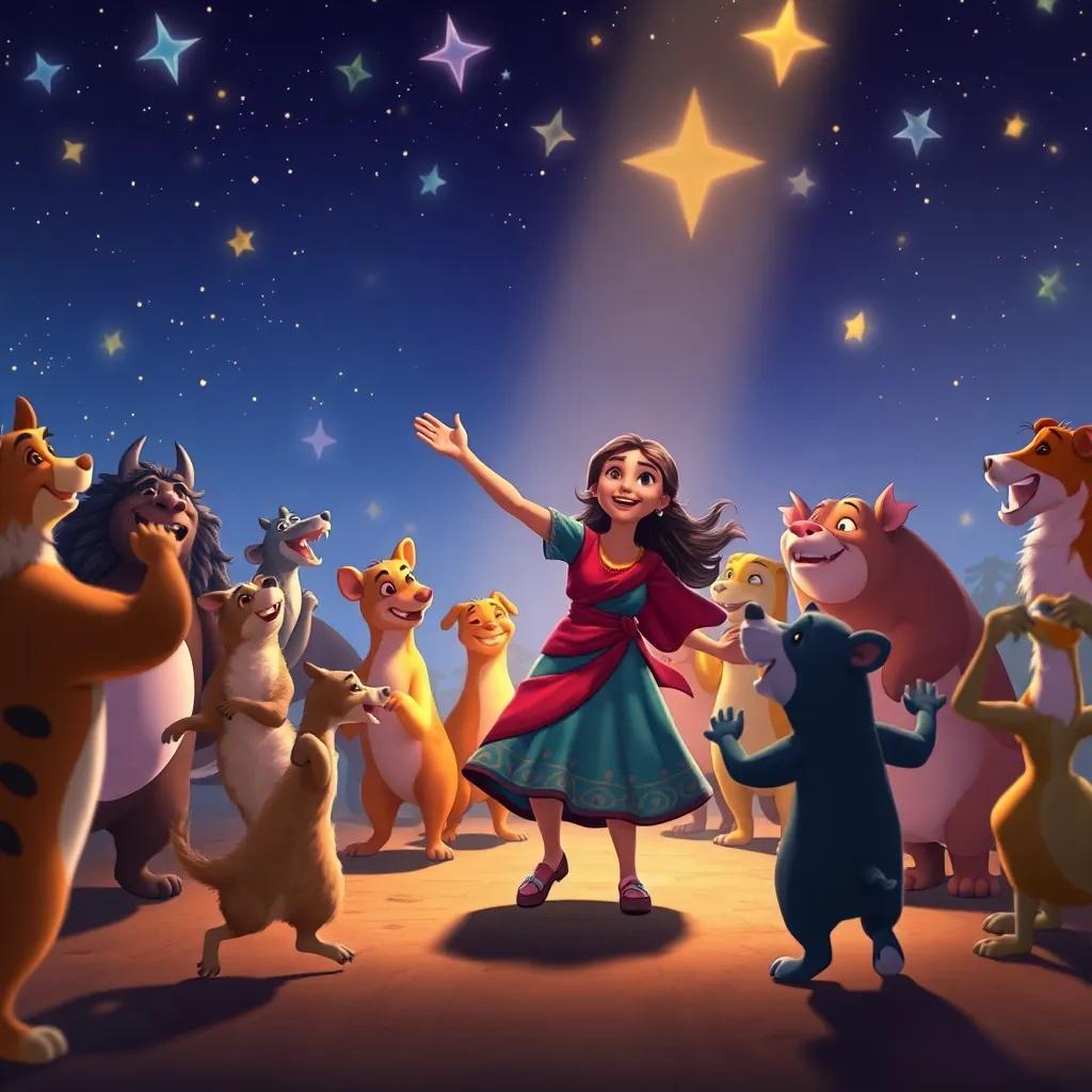Hilda leading the animals in a final dance, stars shining above them, joyful expressions all around, a magical night filled with rhythm and joy
