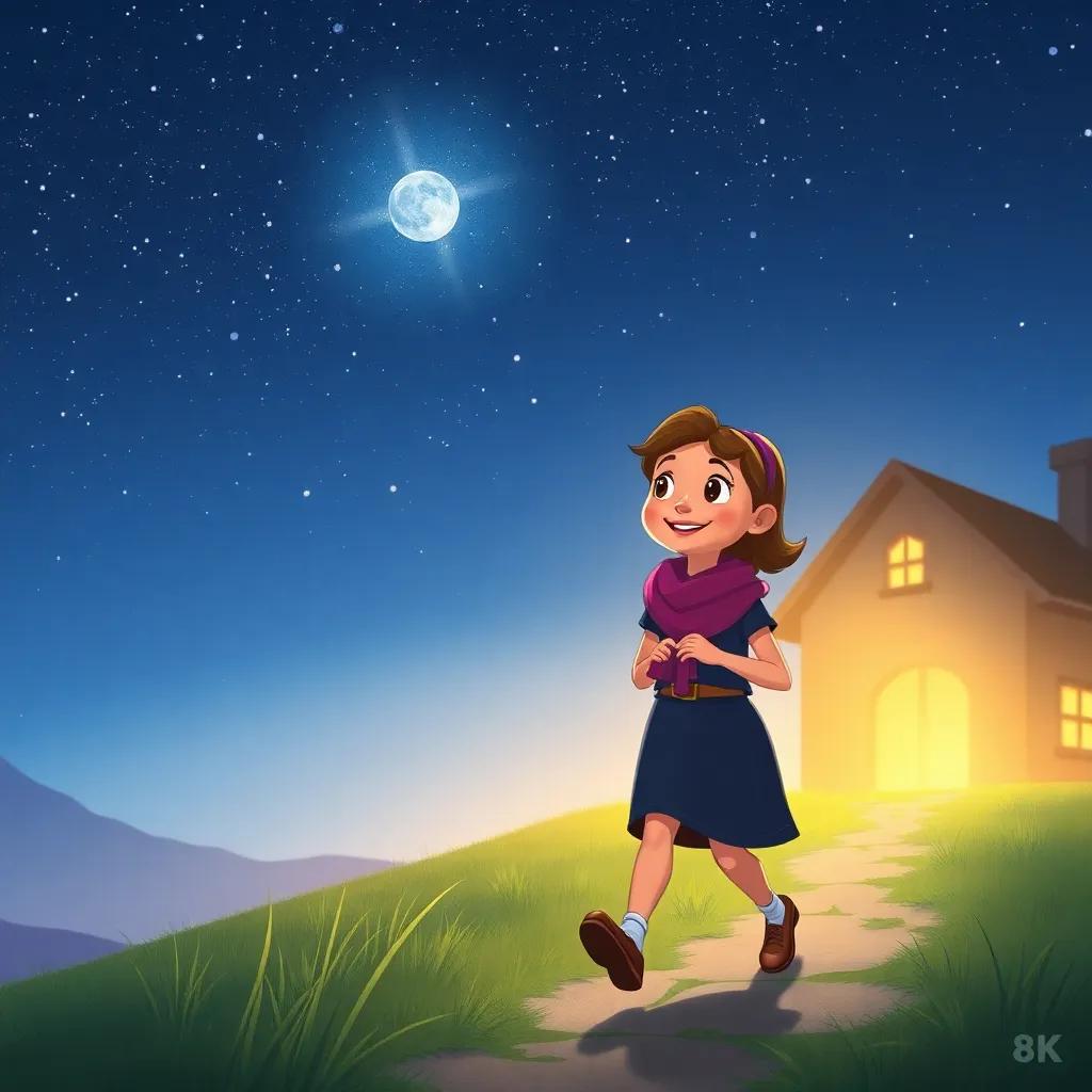 Hilda walking home with a smile, starry sky above, thinking about her amazing adventure, warm light surrounding her, a heartwarming ending