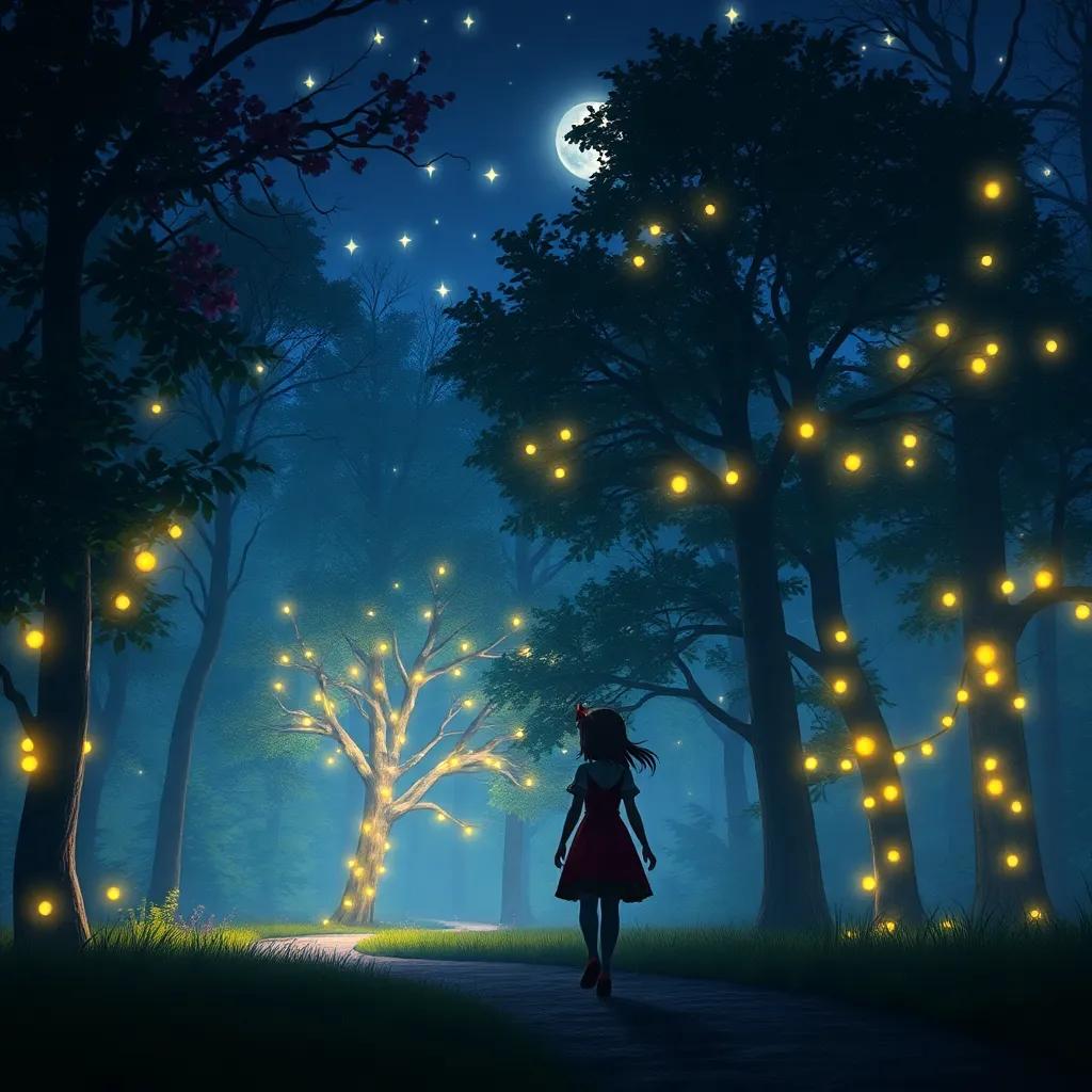 A beautiful night scene with a glowing forest, Hilda's silhouette walking home, filled with memories of the magical music party, serene and magical atmosphere
