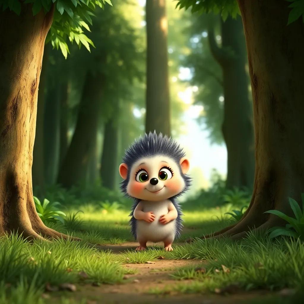 Holly the hedgehog, a small and spiky creature, with bright, curious eyes, standing at the entrance of a green forest, sunlight streaming through the trees, inviting atmosphere, cheerful, child-friendly, high quality