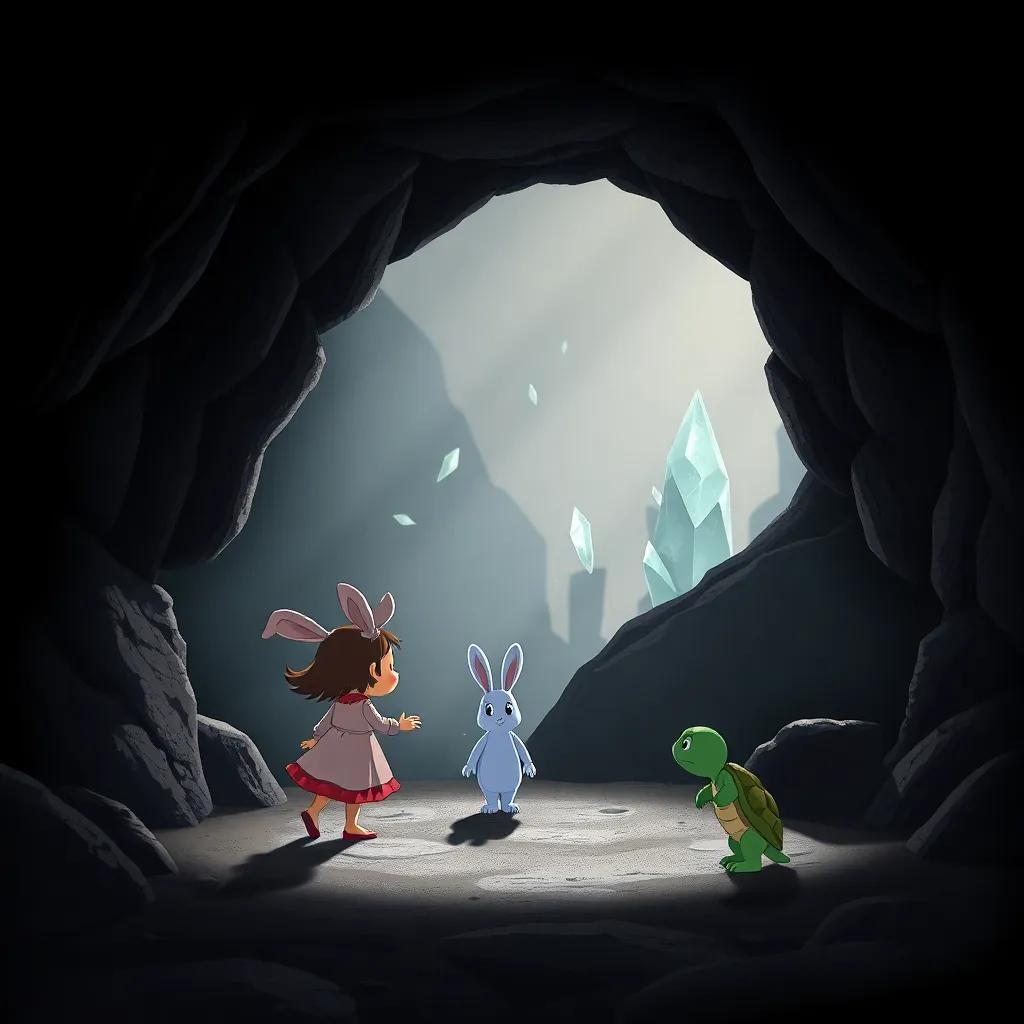 A dark, mysterious cave as Holly, Benny the bunny, and Tara the turtle approach, shadows dancing inside, a hint of sparkle from crystals, whimsical design, child-safe, high quality