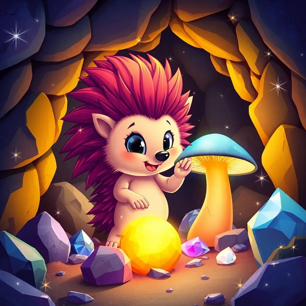 Holly the hedgehog touching a glowing mushroom inside the cave, surrounded by sparkling stones and twinkling crystals, colorful and magical, cheerful environment, high quality