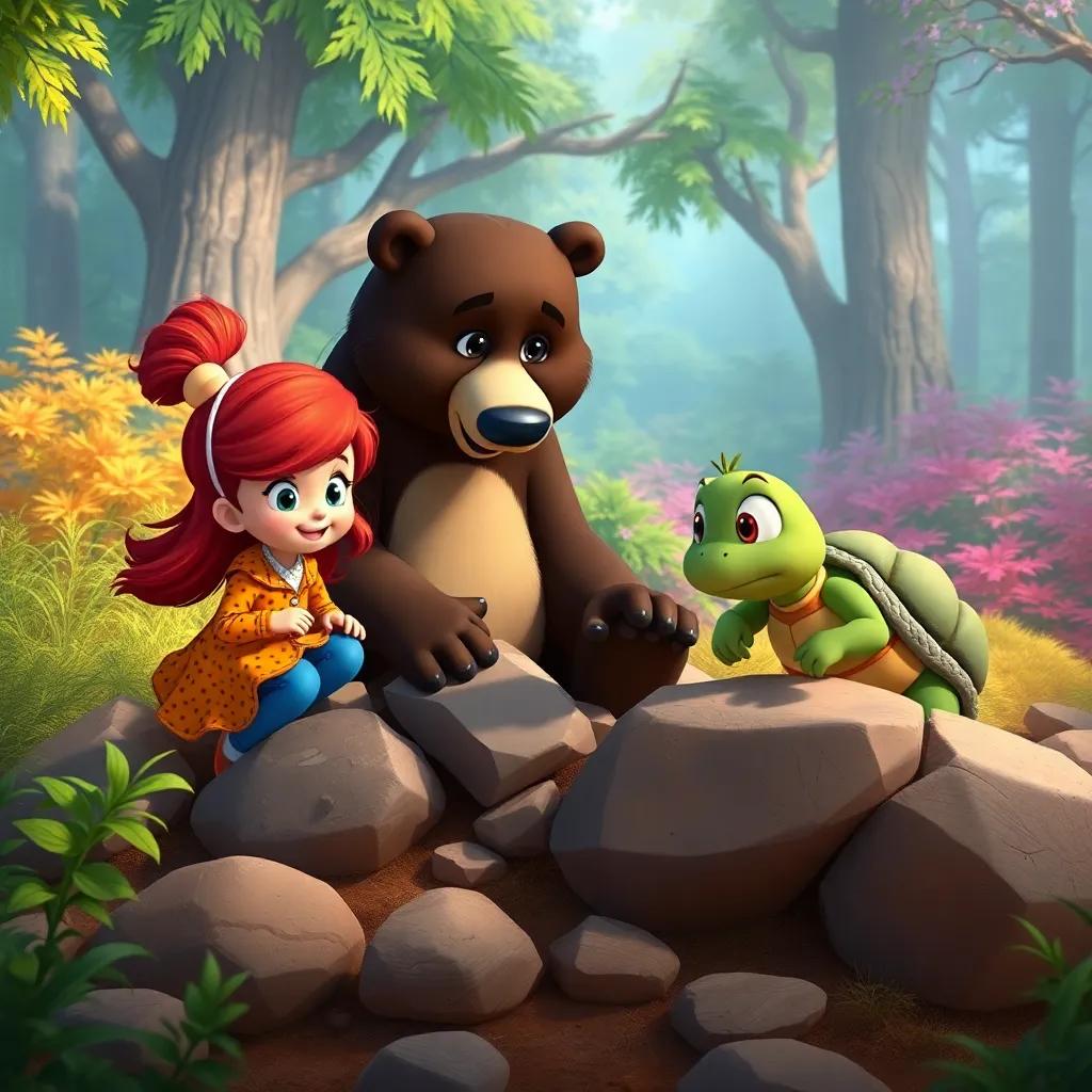 Holly, Benny the bear, and Tara the turtle working together, searching around rocks and bushes, a vibrant forest background, teamwork, colorful, inviting atmosphere, high quality
