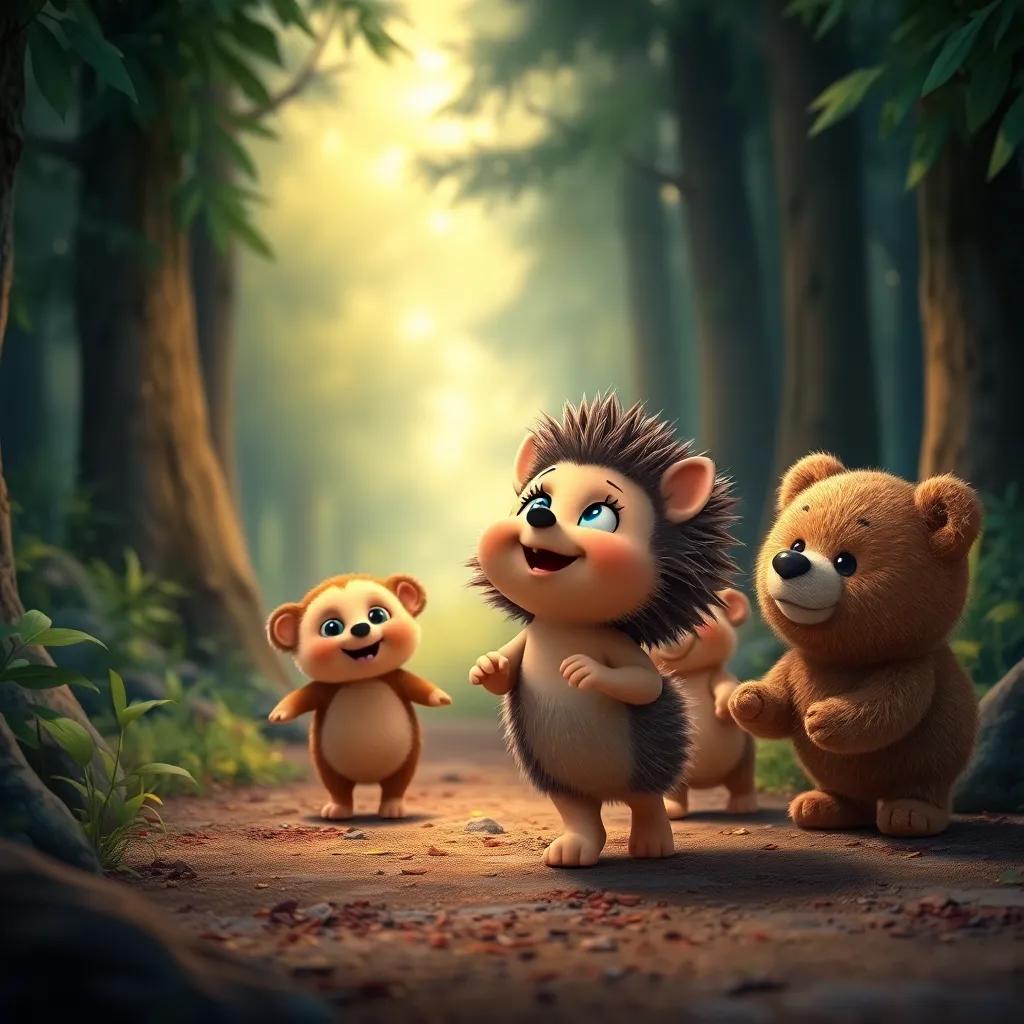 Holly the hedgehog leading her friends towards a fuzzy brown teddy bear, excitement and joy on her face, warm light, enchanting forest scene, heartwarming, high quality