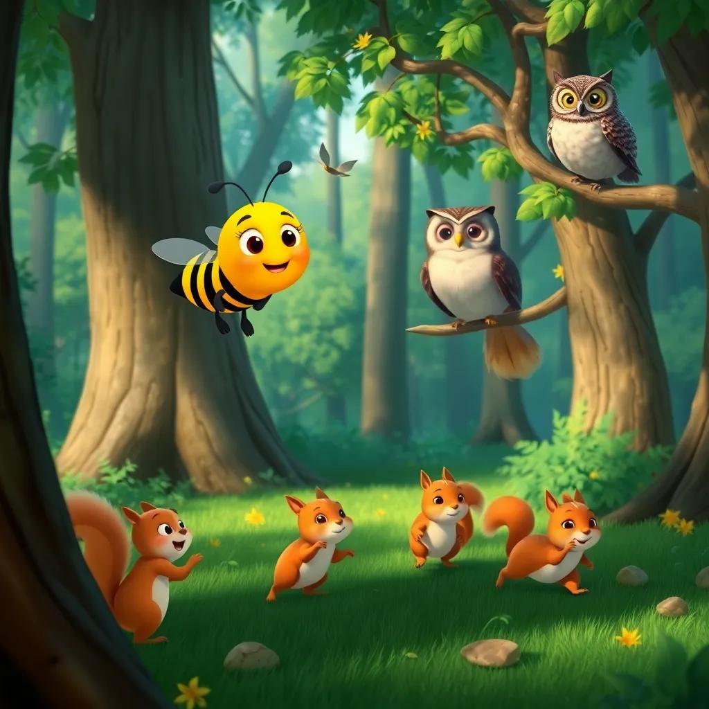 A busy bee buzzing around Holly and her friends, playful squirrels running in the trees, wise old owl perched on a branch, bright and cheerful forest setting, enjoyable, inviting, high quality