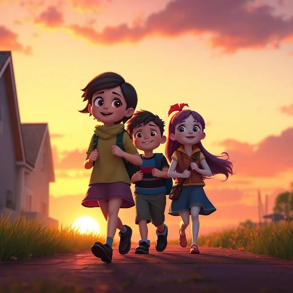 Holly, Benny, and Tara walking home, sunset painting the sky orange and purple, their shoulders back, proud and happy, experience of joy and adventure, whimsical atmosphere, high quality