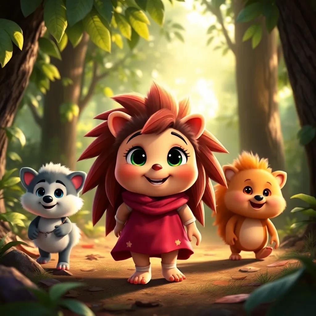 Holly the hedgehog, with her friends, smiling brightly as they walk through the forest, sunlight glimmering through leaves, a sense of friendship and bravery, high quality