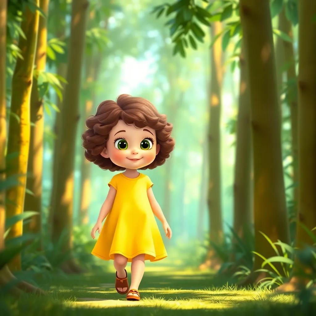A curious little girl, Holly, with curly brown hair, wearing a bright yellow dress, walking in a tall green forest with sunlight filtering through the leaves, cheerful and inviting setting