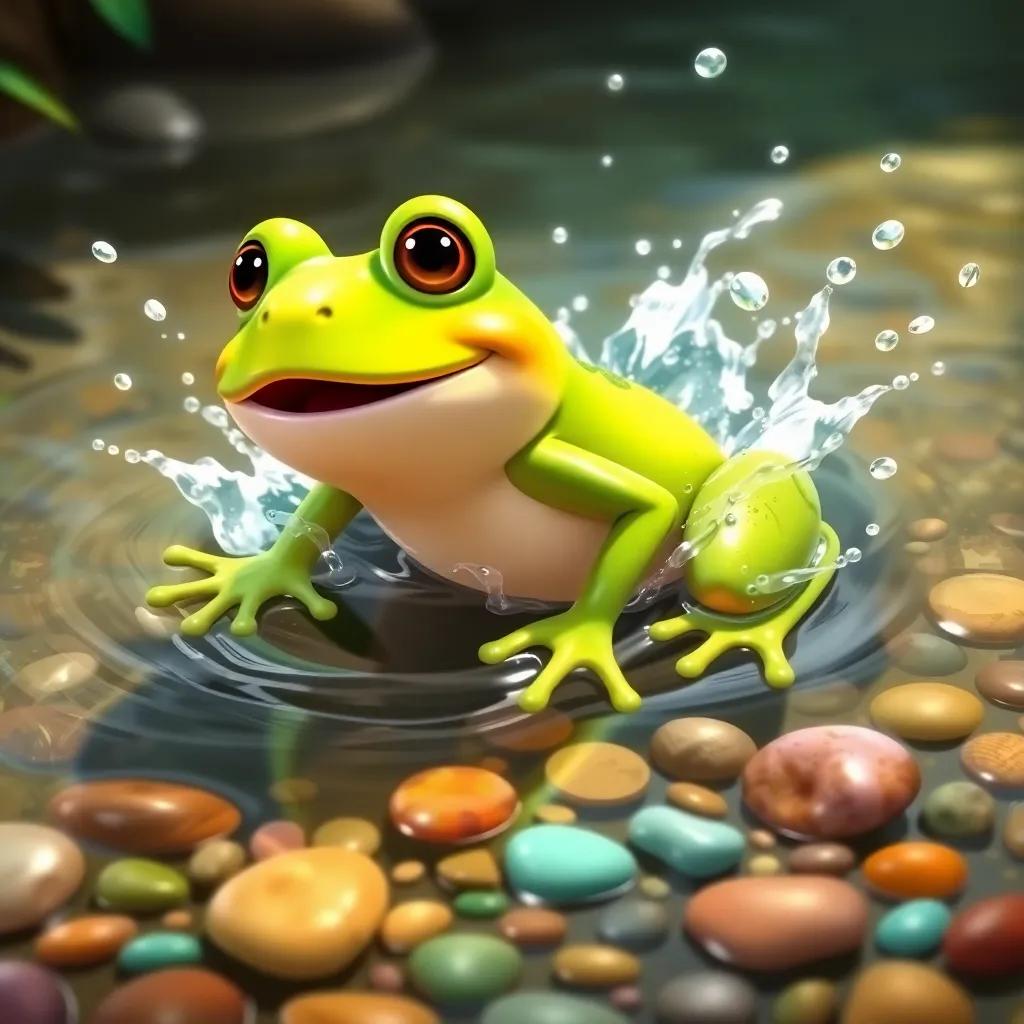 A friendly green frog splashing in a clear cool stream with Holly laughing nearby, colorful pebbles at the stream's bottom, fun and playful scene