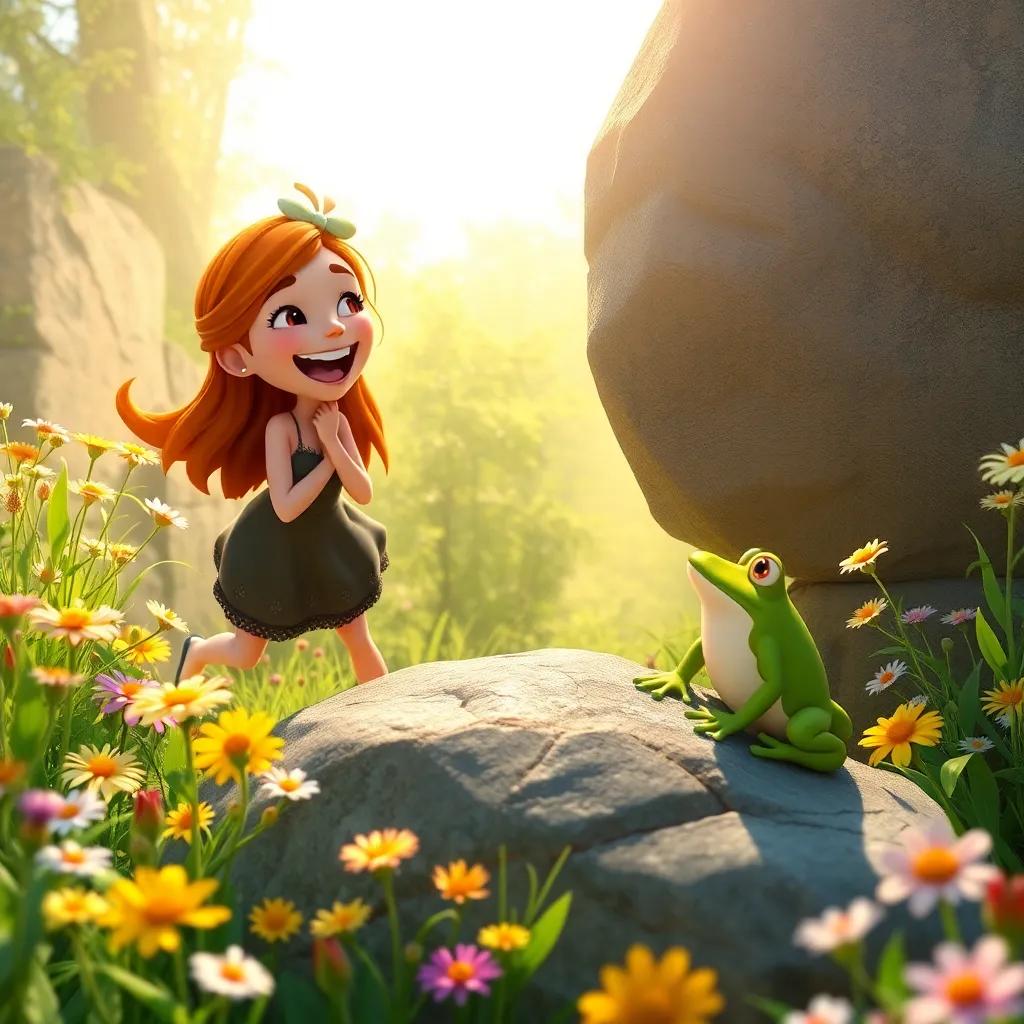Holly laughing while racing the frog by a big rock, surrounded by wildflowers, bright sunlight, joyful and lively environment