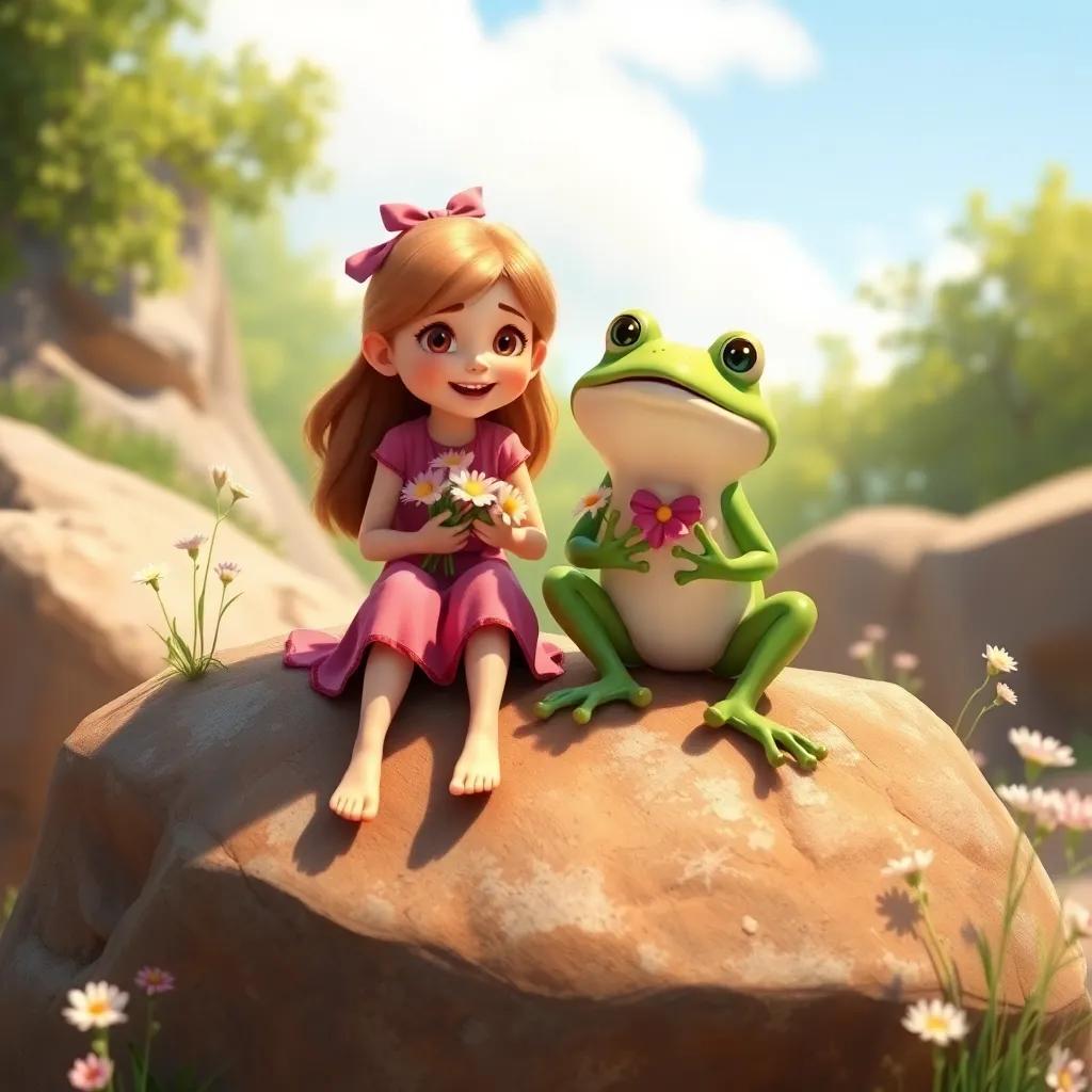 Holly and the frog sitting on a big rock with wildflowers in their hands, enjoying a warm sunny day, happy expressions, heartwarming scene