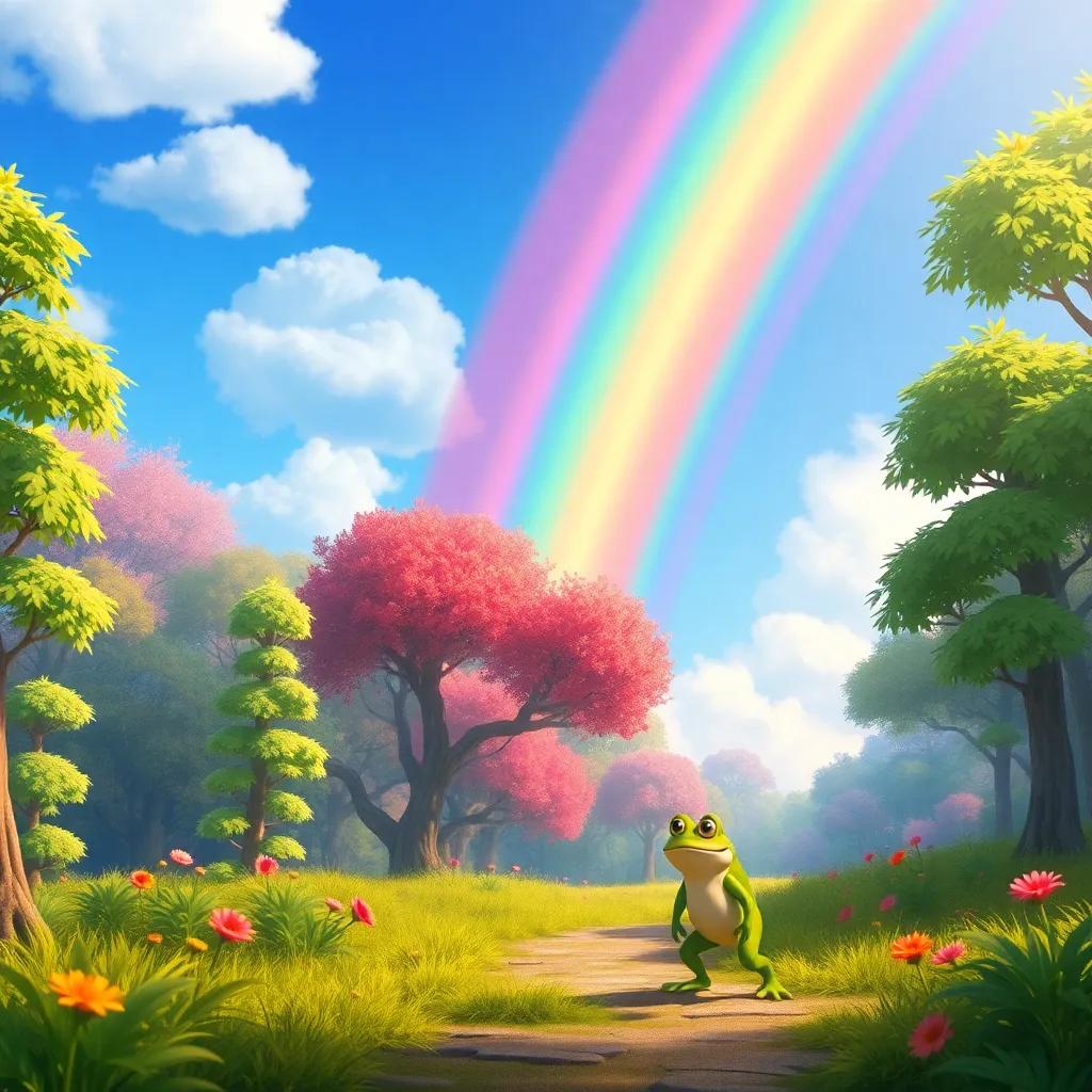 A colorful rainbow in the sky above Holly and the frog walking deeper into the forest, bright colors, whimsical atmosphere, high quality