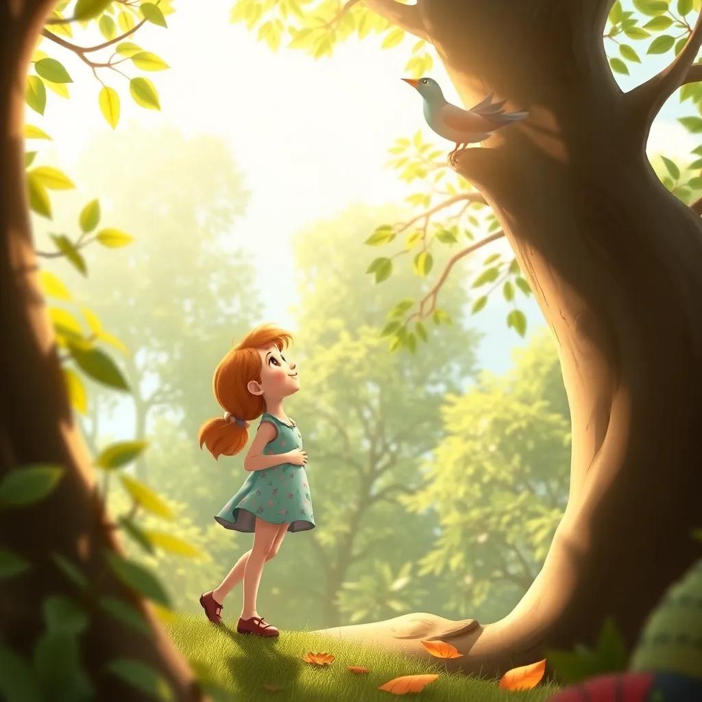 Holly standing on her tiptoes, looking up at a bird in a high tree, with leaves and sunshine around, playful and adventurous scene