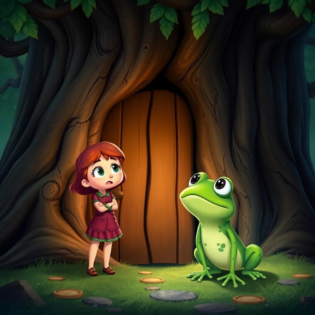 Holly and the frog at a big oak tree with a wooden door, wonder-filled expressions, enchanting and magical atmosphere, illustrating curiosity