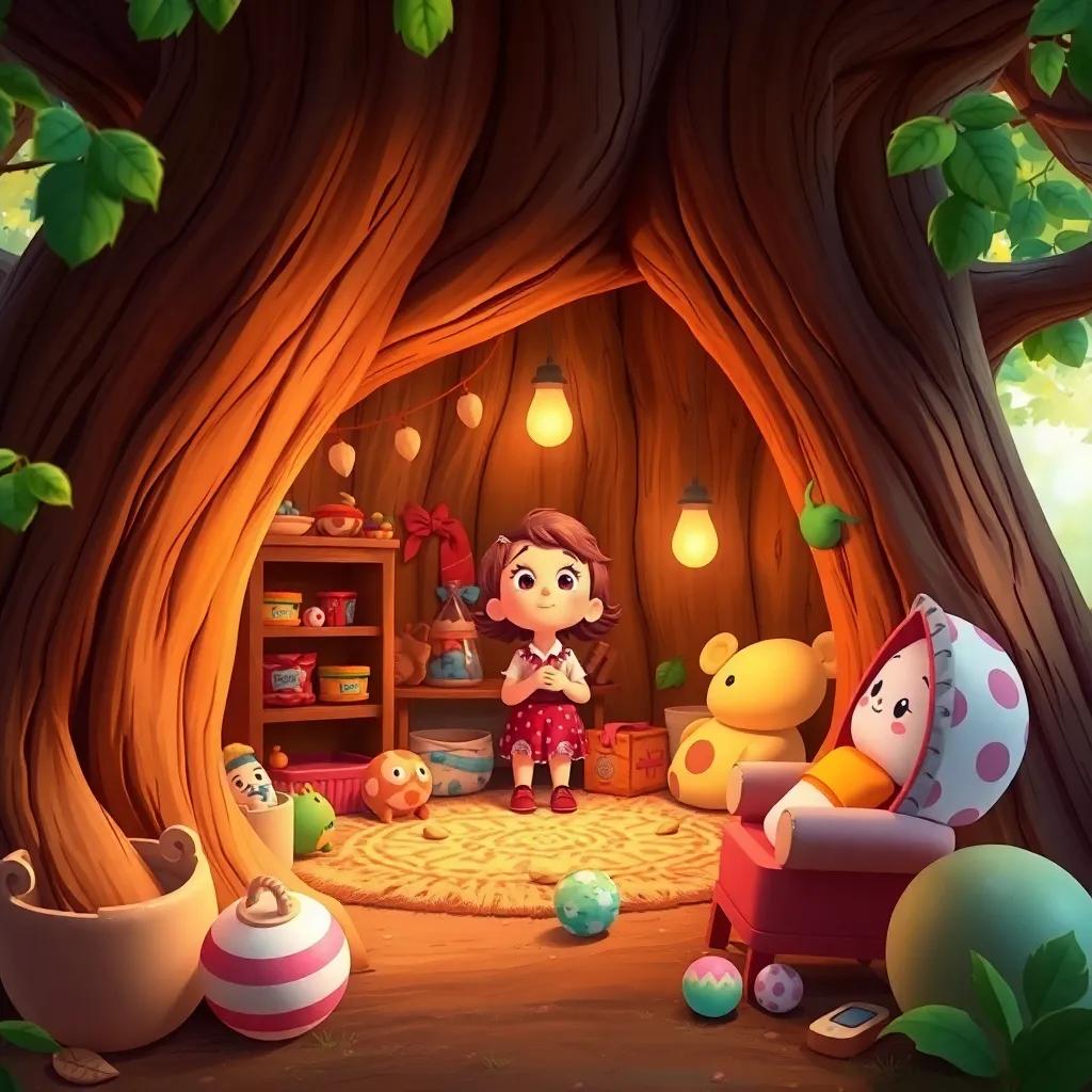 Inside an oak tree, a cozy little room filled with snacks and toys; Holly amazed, cheerful colors, heartwarming and inviting environment