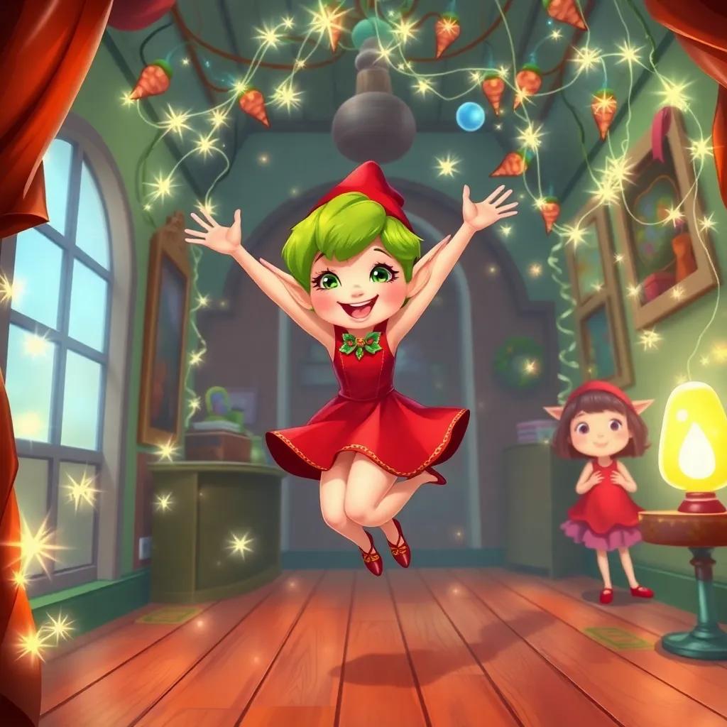 Holly the elf, with bright green hair and a red dress, jumping in a room filled with tangled sparkly lights and giggling friends, cartoon style, joyful atmosphere, bright colors, fun and lively, high quality