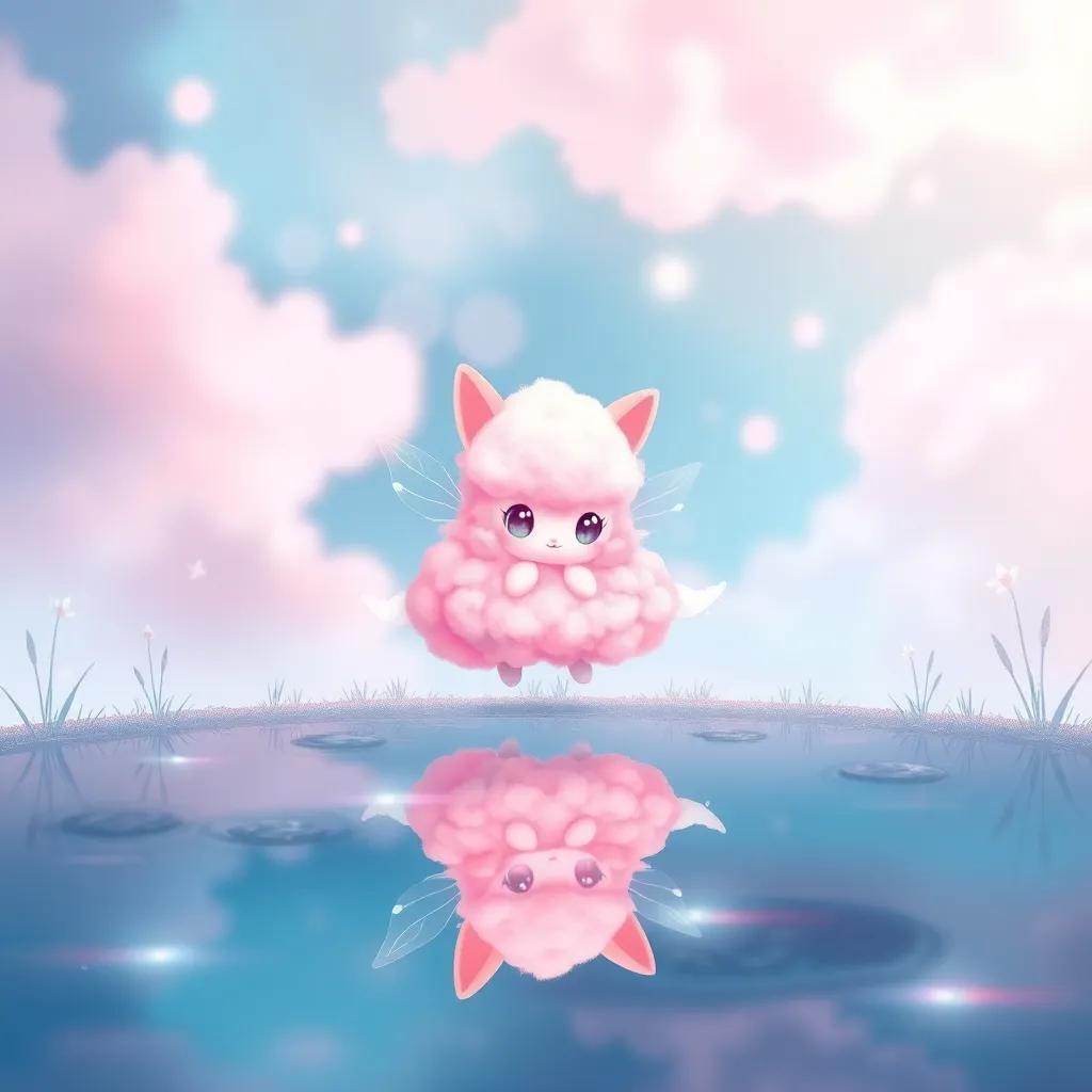 Holly, now a fluffy pink cloud-like Fakemon with delicate wings, hovering above a serene pond, her reflection sparkling in the water, magical ambiance, child-friendly, dreamy, vibrant colors, high detail