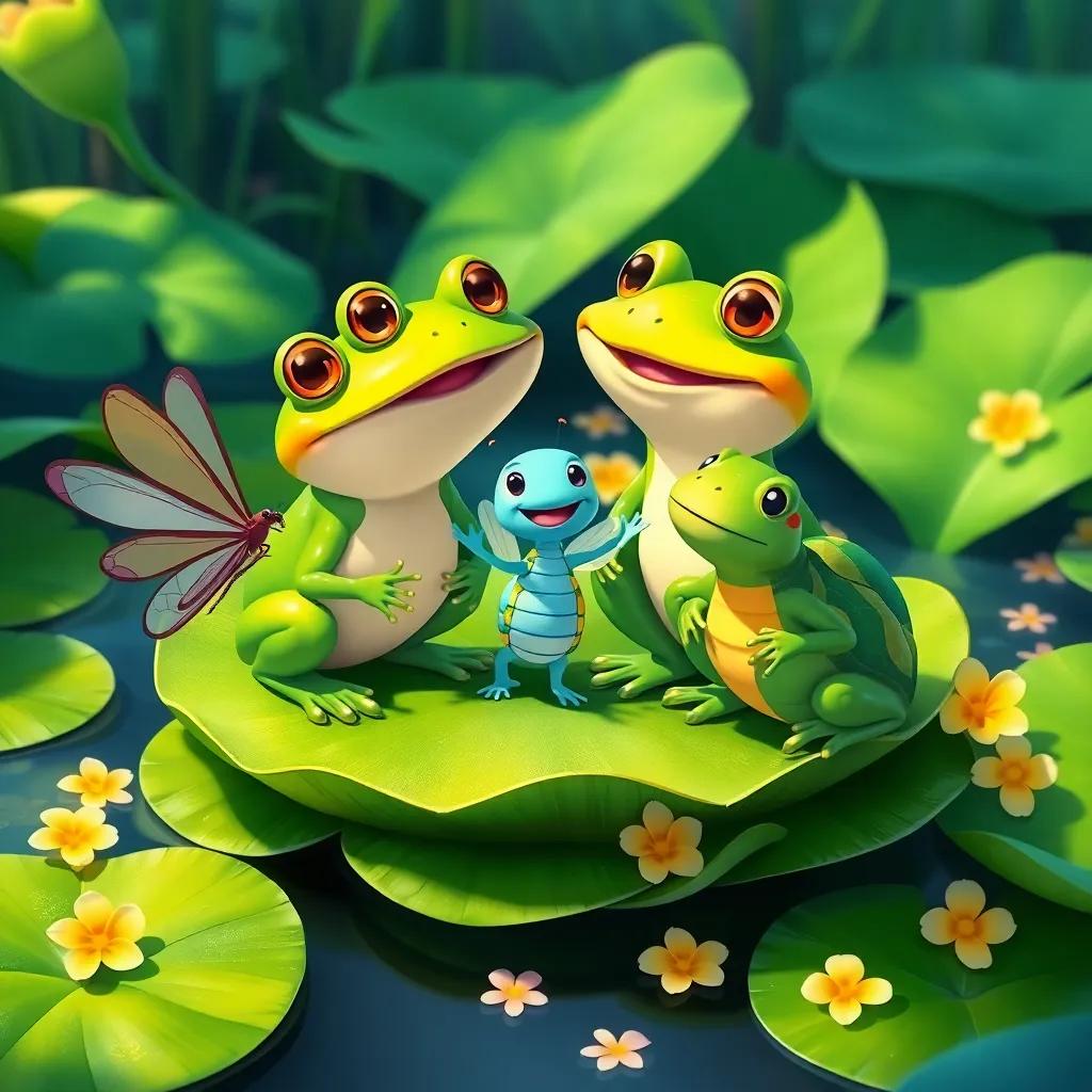 Hoppy, the funny frog, gathering his friends on a lily pad with Lily the dragonfly and Benny the turtle, surrounded by lush green leaves and flowers, happy expressions, digital illustration, bright and colorful, cheerful scene