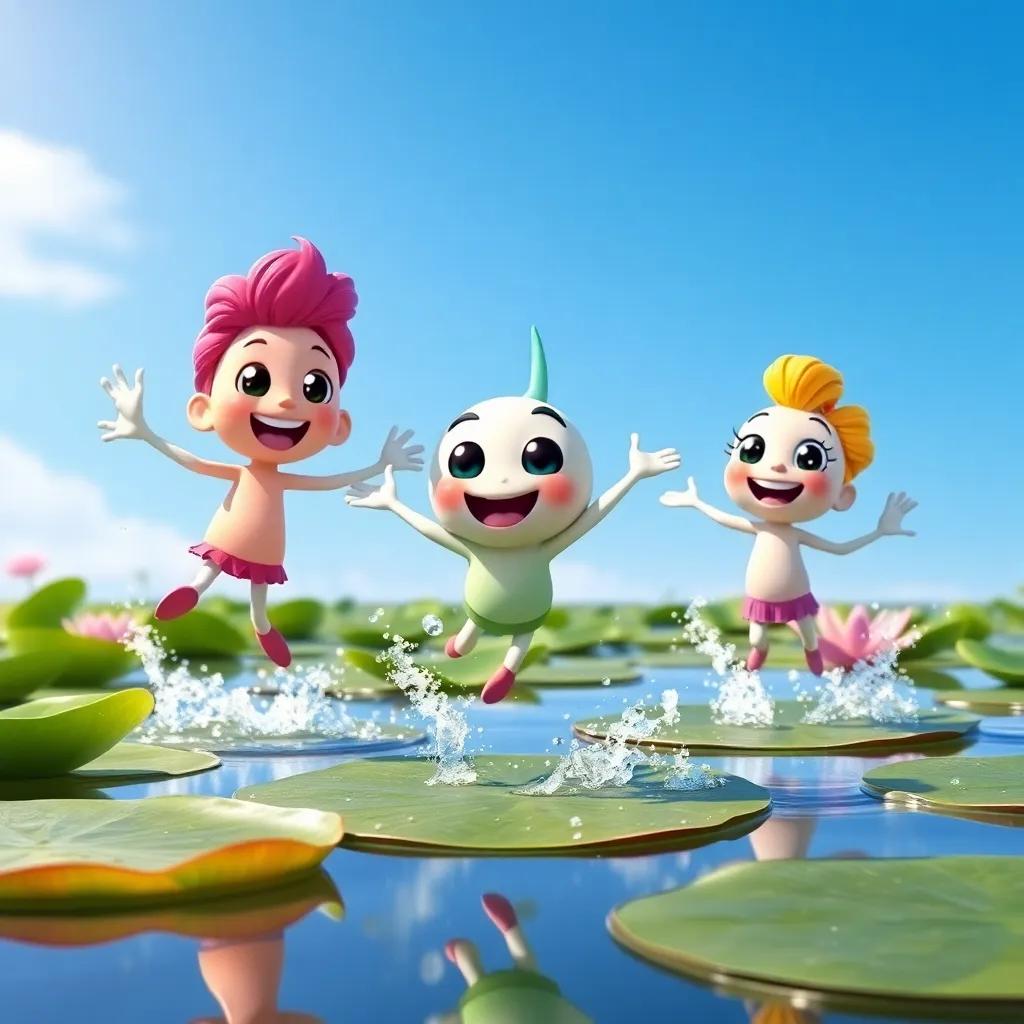 Hoppy leading his friends, including Benny and Lily, hopping and practicing on lily pads, splashes of water around them, sunny day with blue sky, joyful and playful mood, digital art, vivid colors, lively environment, high quality