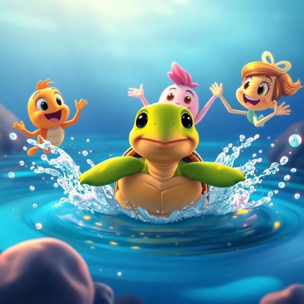 Benny the turtle, trying to jump but falling into the water, with Hoppy and Lily cheering him on, splashes around them, happy and encouraging atmosphere, warm lighting, fun and friendly scene, digital illustration, vivid colors