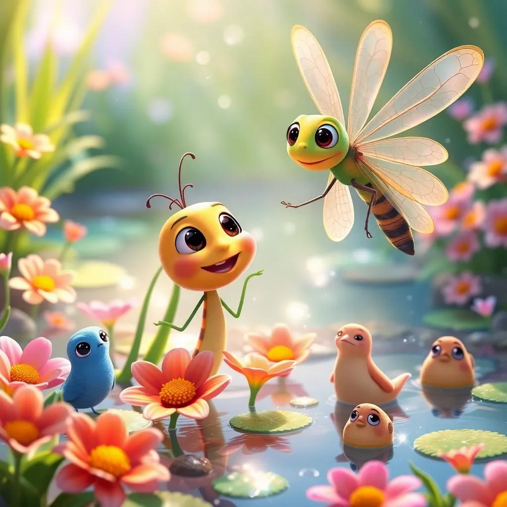 Lily, the dragonfly, encouraging Benny, with a big smile, surrounded by Hoppy and other pond creatures, bright flowers and sparkling water, uplifting scene, digital art, colorful, high quality