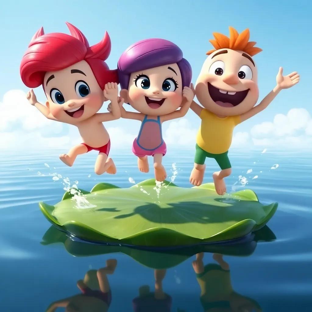 Hoppy, Lily, and Benny, practicing their jumps together on a big lily pad, with big smiles and splashes of water flying, under a clear blue sky, joyful teamwork, digital art, vibrant, friendly vibe, high quality