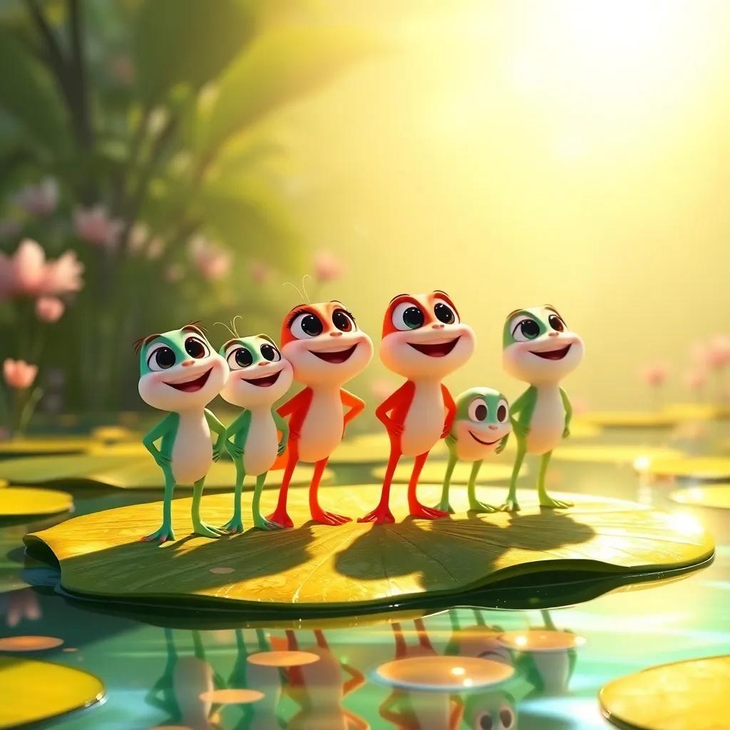 Hoppy and his friends lined up on the lily pad, ready to leap under a shining sun, excitement in their eyes, the pond sparkling bright, digital illustration, warm and inviting atmosphere, colorful, happy mood, high quality