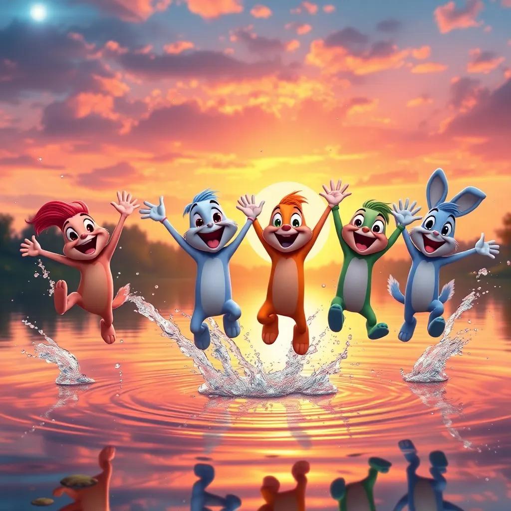 Hoppy and his friends leaping into the air together, splashes everywhere, with big smiles on their faces, a colorful sunset over the pond reflecting in the water, joyful celebration, digital art, vibrant hues, enchanting scene, high quality