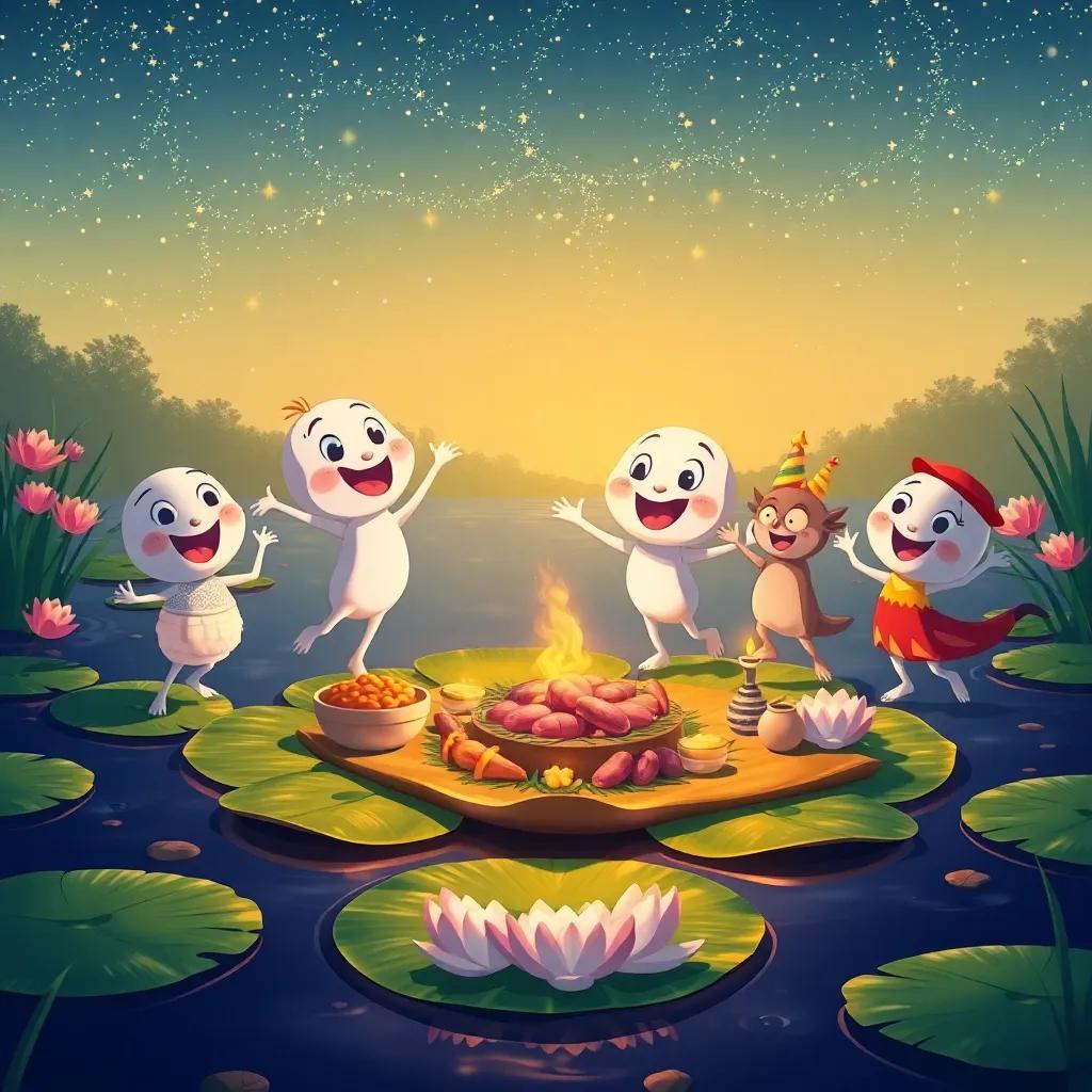 Hoppy and his friends celebrating at the pond, dancing under twinkling stars, with a delightful feast laid out on lily pads, cheerful expressions, magical atmosphere, digital illustration, warm colors, joyful and inviting, high quality