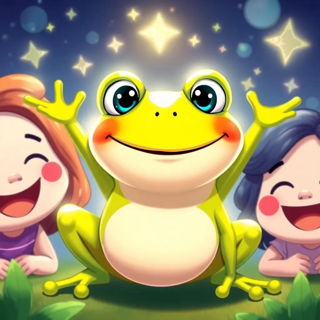 Hoppy, a happy little frog, with friends beside him, feeling proud and joyful after leap day celebration, with glimmering stars above, happy faces, a sense of friendship and laughter, digital art, bright colors, heartwarming scene, high quality