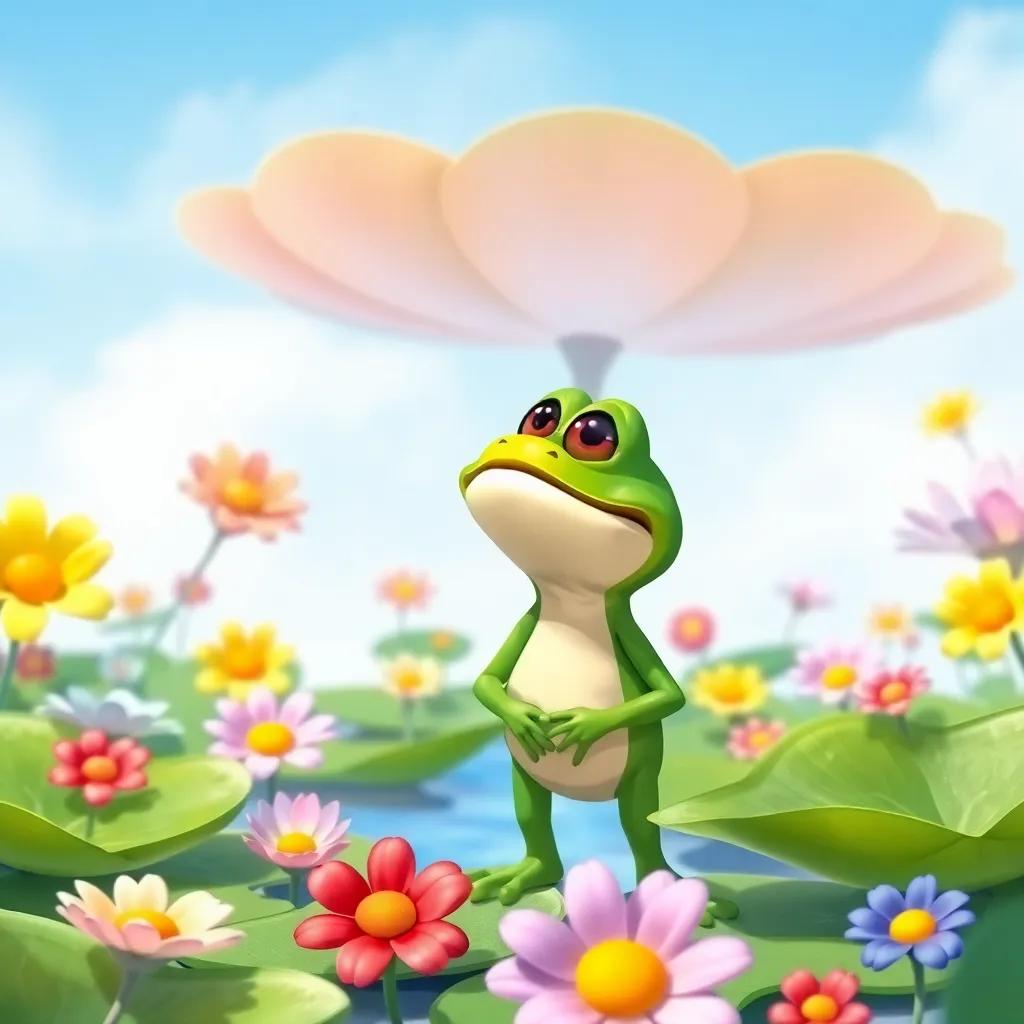 Hoppy, a little frog with a nervous smile, looking at a big lily pad in the distance, standing among cheerful lily pads with colorful flowers around him, bright blue sky, friendly atmosphere, illustration, detail, engaging and imaginative