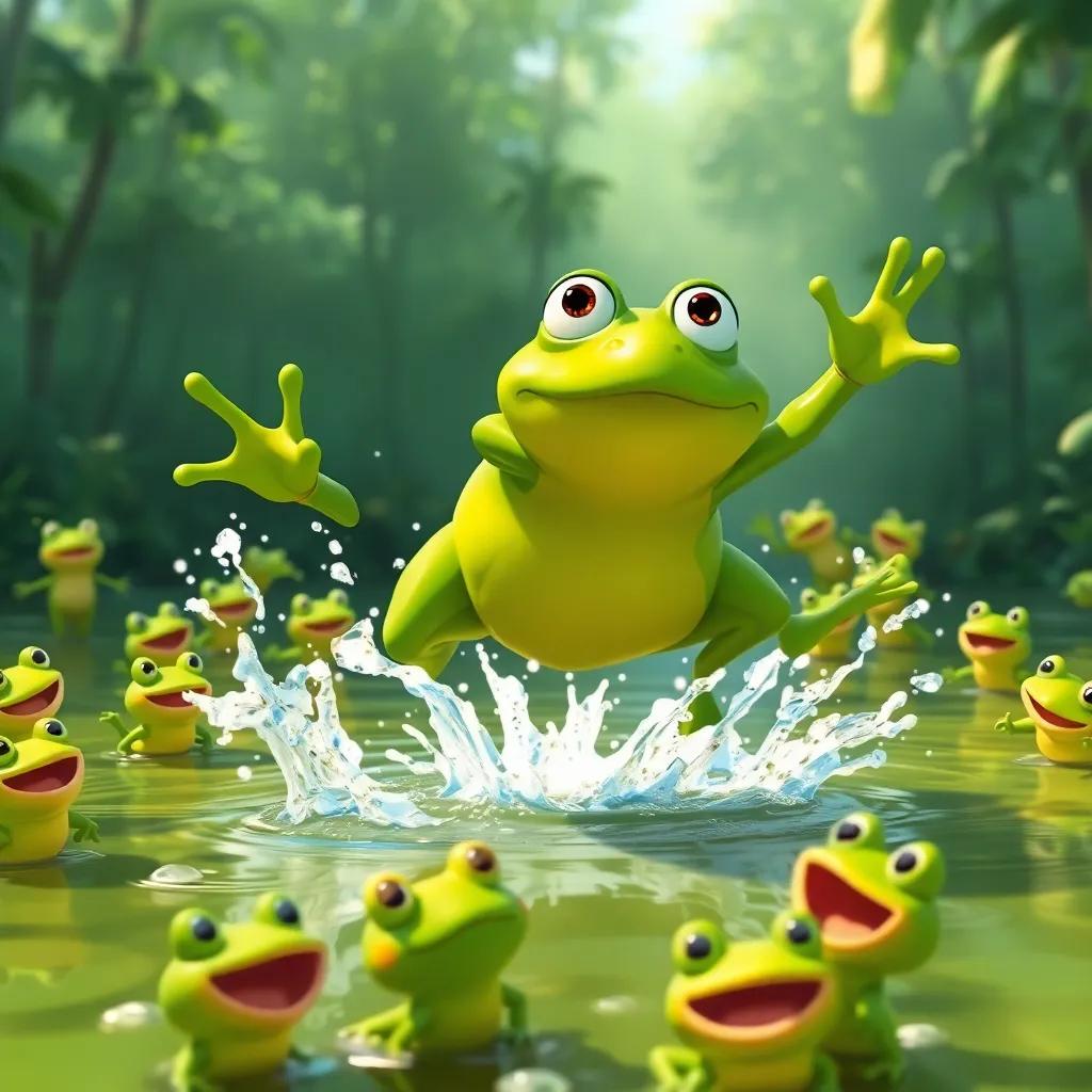 Hoppy watching Leo, a large green frog, leaping across the pond, splashing water everywhere, surrounded by excited frogs, lively scene with bright green colors, feeling of fun and adventure, digital painting, energetic and dynamic