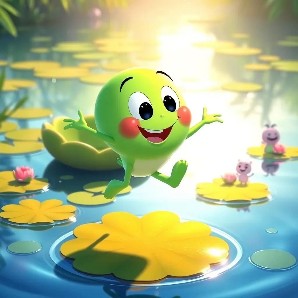 Hoppy practicing his jump on smaller lily pads, smiling and laughing with a few friends watching, sunlight reflecting on the water, cheerful colors, sense of determination and fun, illustration, vibrant and uplifting