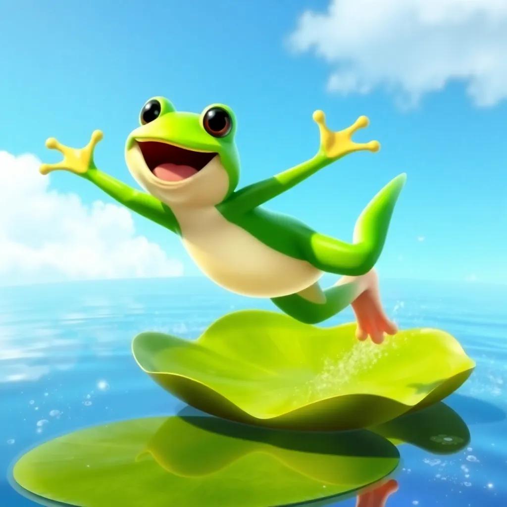 Hoppy, a small green frog, confidently leaping through the air with a joyful expression, beautiful lily pad below, sparkling water, bright sky, sense of achievement and happiness, digital art, colorful and vibrant